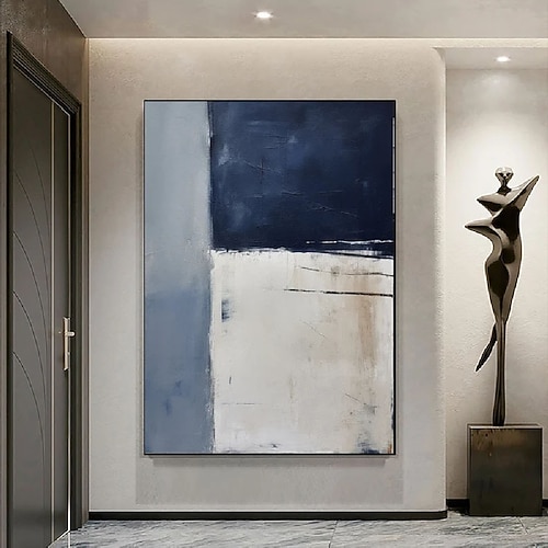 handgemaltes weiß-blaues Strukturgemälde übergroßes 3D-handgefertigtes abstraktes geometrisches Wandkunstgemälde großes minimalistisches schwarz-weißes Strukturgemälde für Image