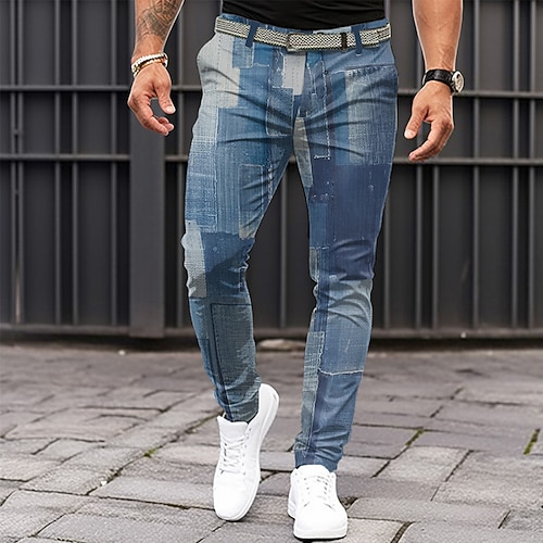 Herren Karomuster Farbblock Patchwork Anzughose Mittlere Taille Business-Casual Formell Alltagskleidung Reißverschluss Tasche Sommer Frühling Herbst 3D-Druck Blau Image