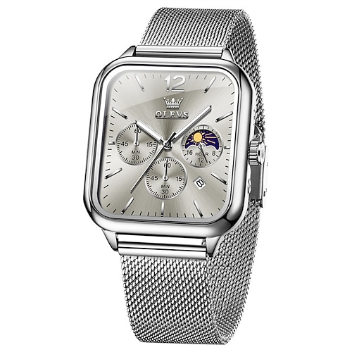 neue Olevs Olevs Marke Modetrend Herrenuhren quadratisches Zifferblatt leuchtender Mondphasenkalender Multifunktions-Drei-Augen-Mesh-Gürtel Mondphasen-Quarzuhr lässige wasserdichte Image