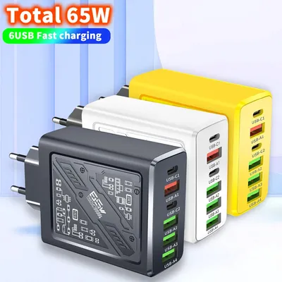 Insgesamt 65 W USB-Ladegerät Muti 6 Ports Typ C Schnellladung QC 3.0 Handy-Wandadapter Schnellladung Image