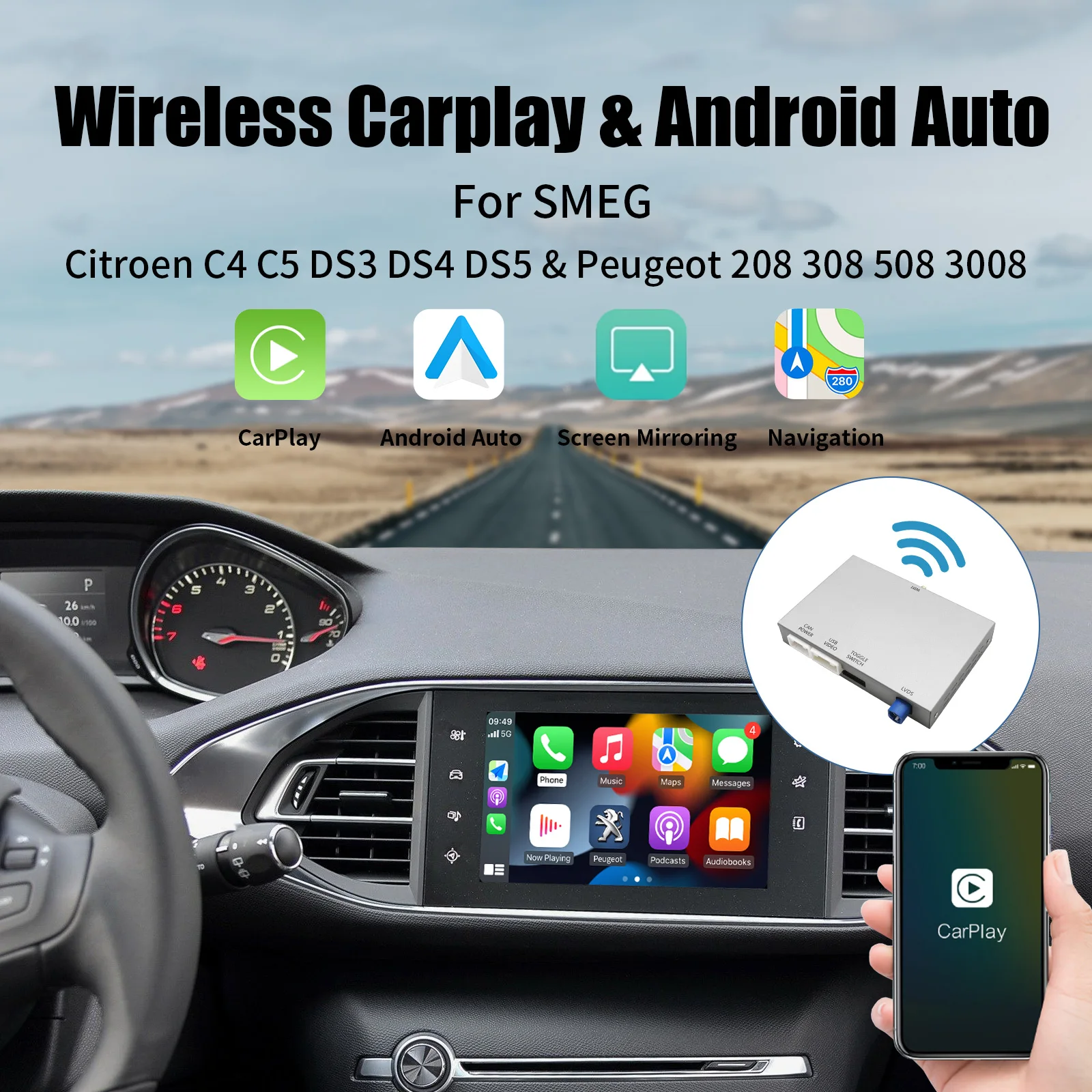 AUTOABC Wireless Carplay und Android Auto für Peugeot 208 308 508 3008 Citroën C4 DS3 DS4 DS5 SMEG System Multimedia Zubehör Modul，Unterstützt Airplay Spiegel Gießen OEM und Aftermarket-Kameras Image