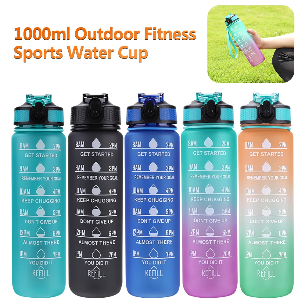 1l Sport wasser flasche Stroh becher 1 Litro mit Zeit macher auslaufs icher bpa frei gefrostete Tasse für Outdoor-Sport trink flasche Image