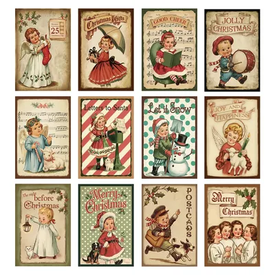 12 Stück alte Weihnachtsgrußkarten, Retro Vintage Kinder Postkarten Set, Wandcollage Kit Poster Wand Image