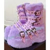 Lila pelzige Plattform kurze Stiefel Frauen süße Multi Schnalle Träger Lolita Schuhe Mädchen Luxus lange besetzt runde Zehen Punk Stiefel
