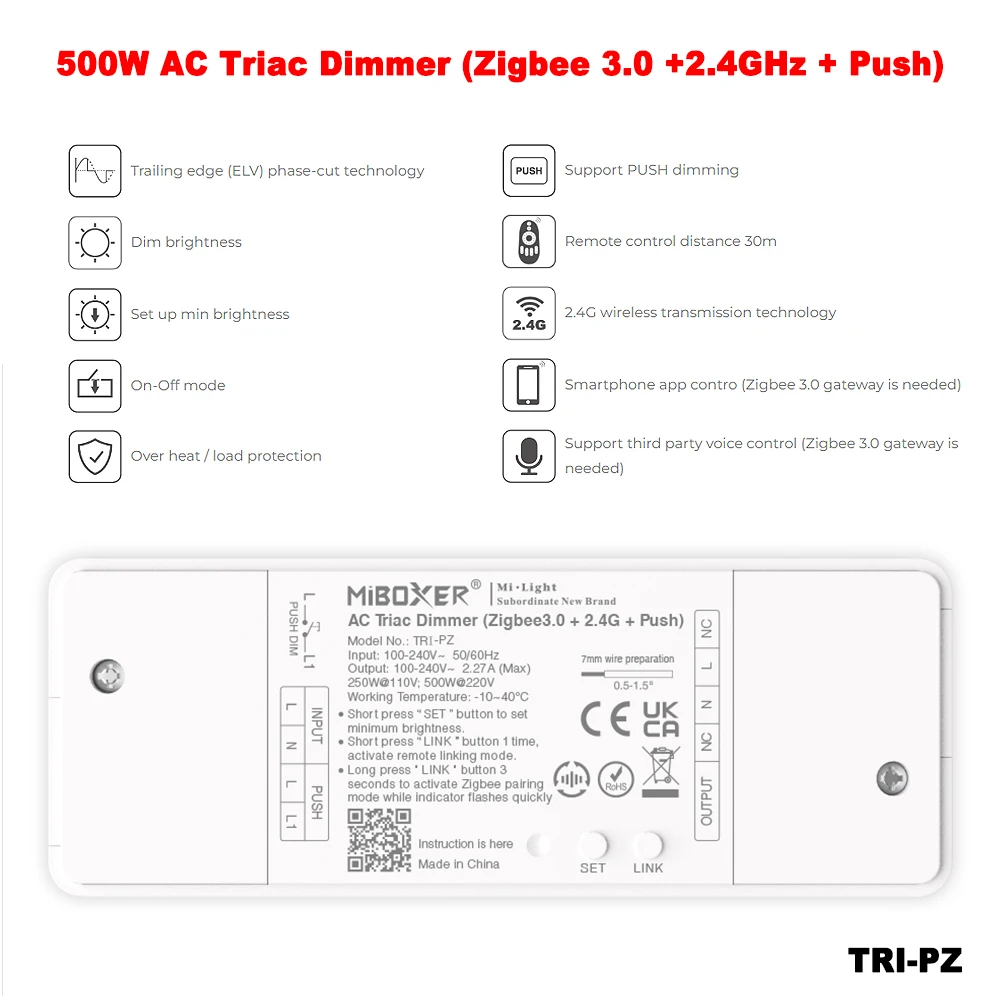 Miboxer TRI-PZ AC100-240V zigbee 3.0 2,4 grf push tuya fernbedienung schalter halogen lichter triac dimmbare led lampe controller Image