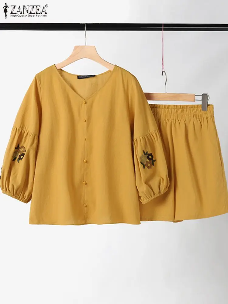 Zanzea Frauen kurze Sets Stickerei Laterne Ärmel Top Sommer Anzüge lässig Baumwolle solide 2 stücke Outfits elastische Taille Shorts Image