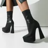 2022 frauen Stiefeletten Plattform Platz High Heel Damen Kurze Stiefel Faux Leder Spitz Kleid Weibliche Schuhe Plus Größe 45
