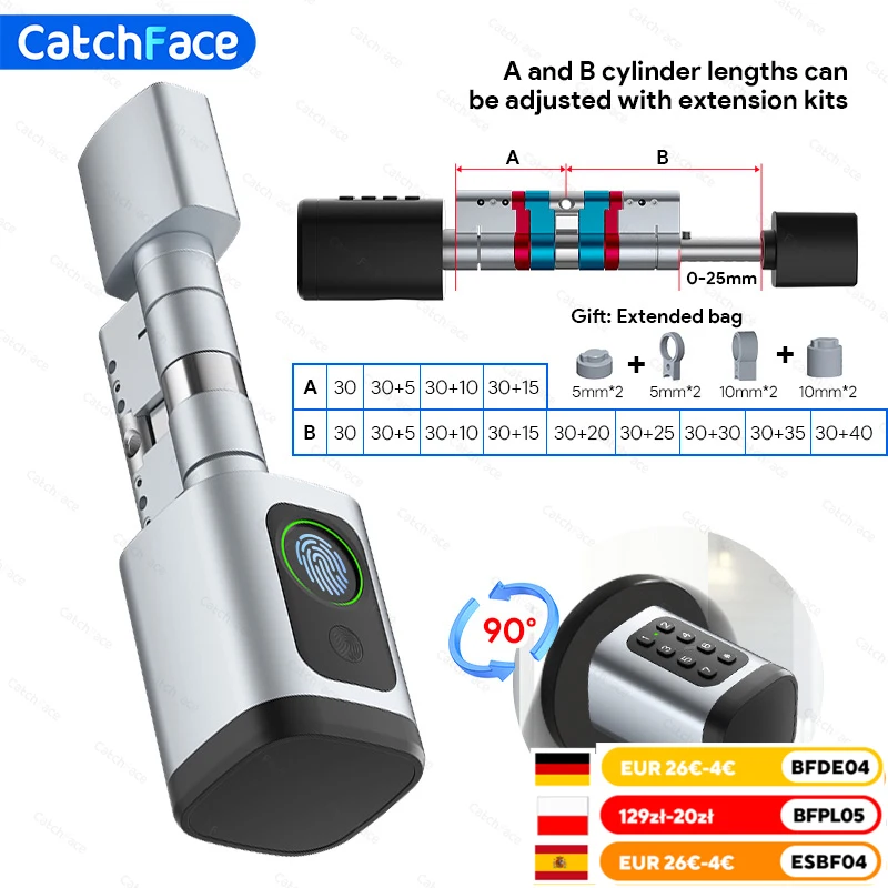 V1 Pro+ Version Einstellbare TUYA oder TTLock APP Fingerabdruck Passwort Digitale RFID-Kartenzylinder Intelligentes Türschloss für Home Hotel Image