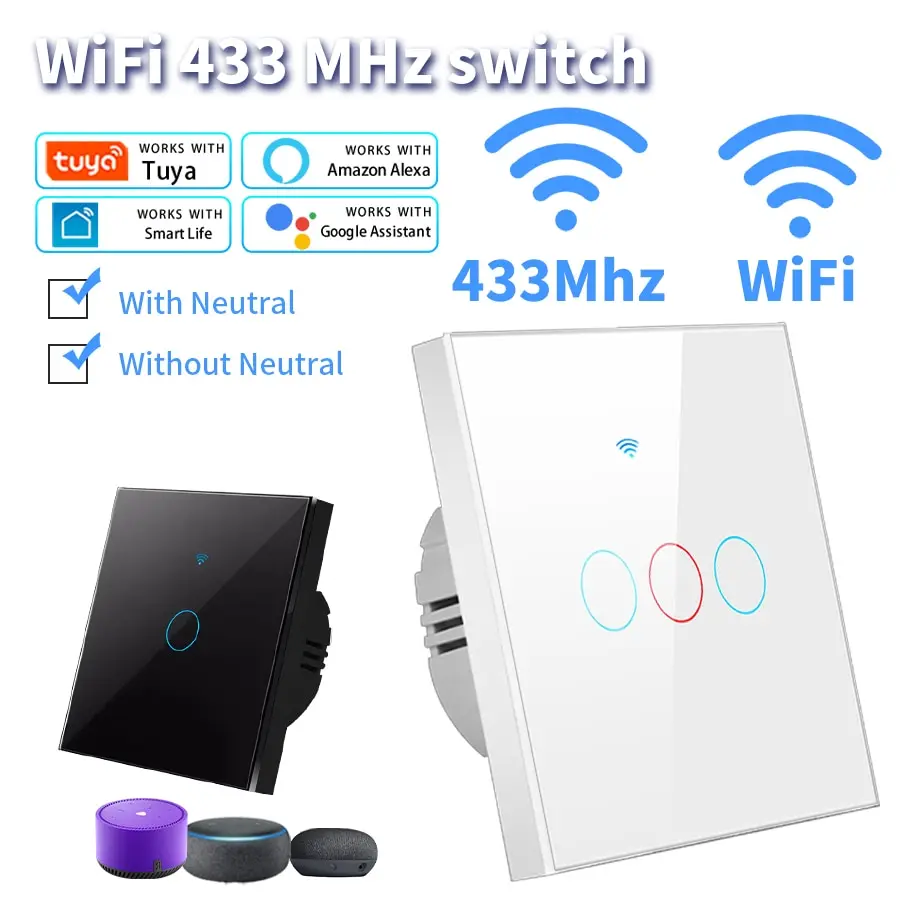 WiFi Smart Switch EU Licht Wand Touch Schalter 220V Keine Neutralleiter erforderlich Tuya Smart Life Arbeit mit Alexa Google Home 1/2/3Gang Image