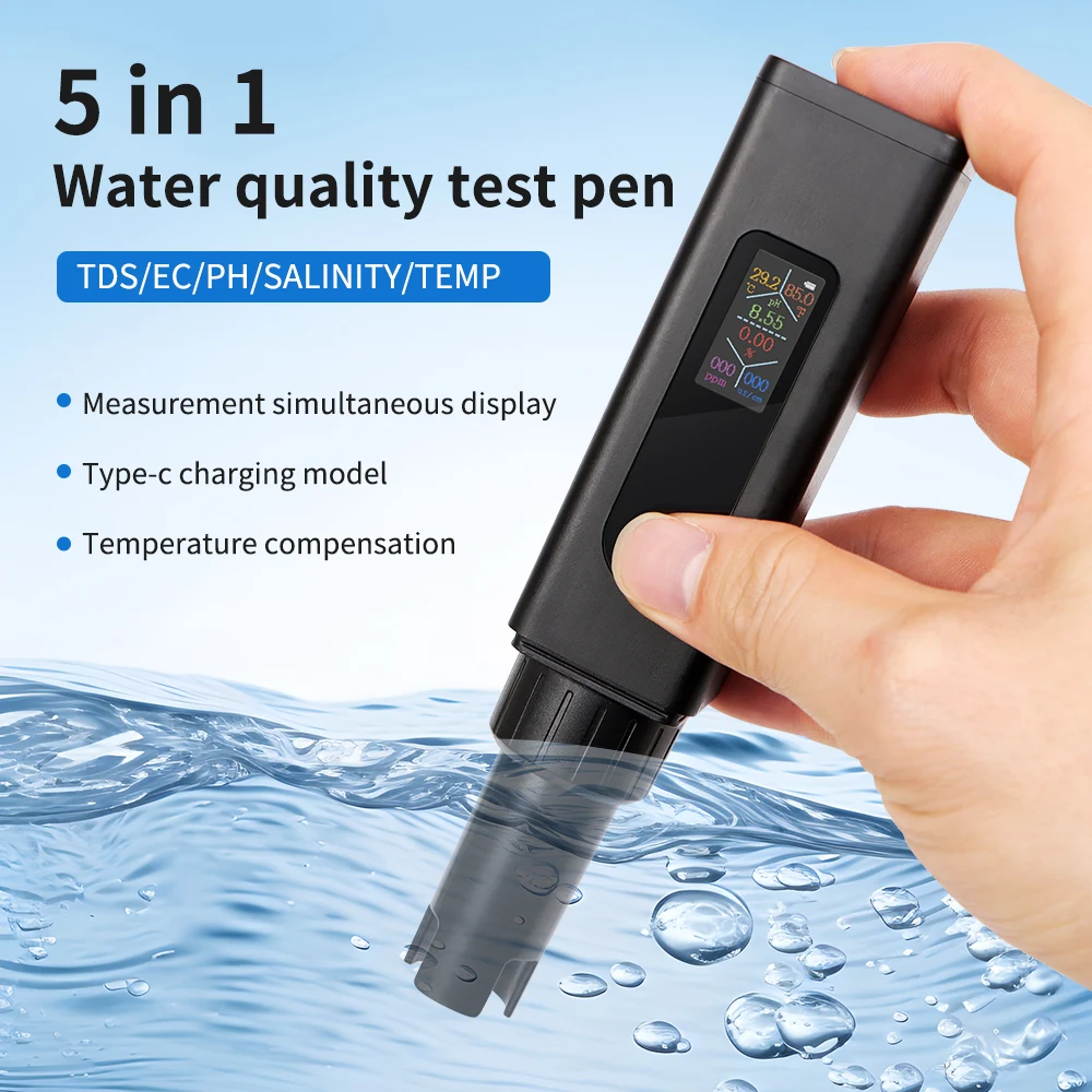 Tragbarer 5-in-1-Wasserqualitätstester, digitaler EC TDS Salzgehalt TEMP PH-Tester, wiederaufladbarer EC-Detektor Typ C für Aquarium, Pool Image