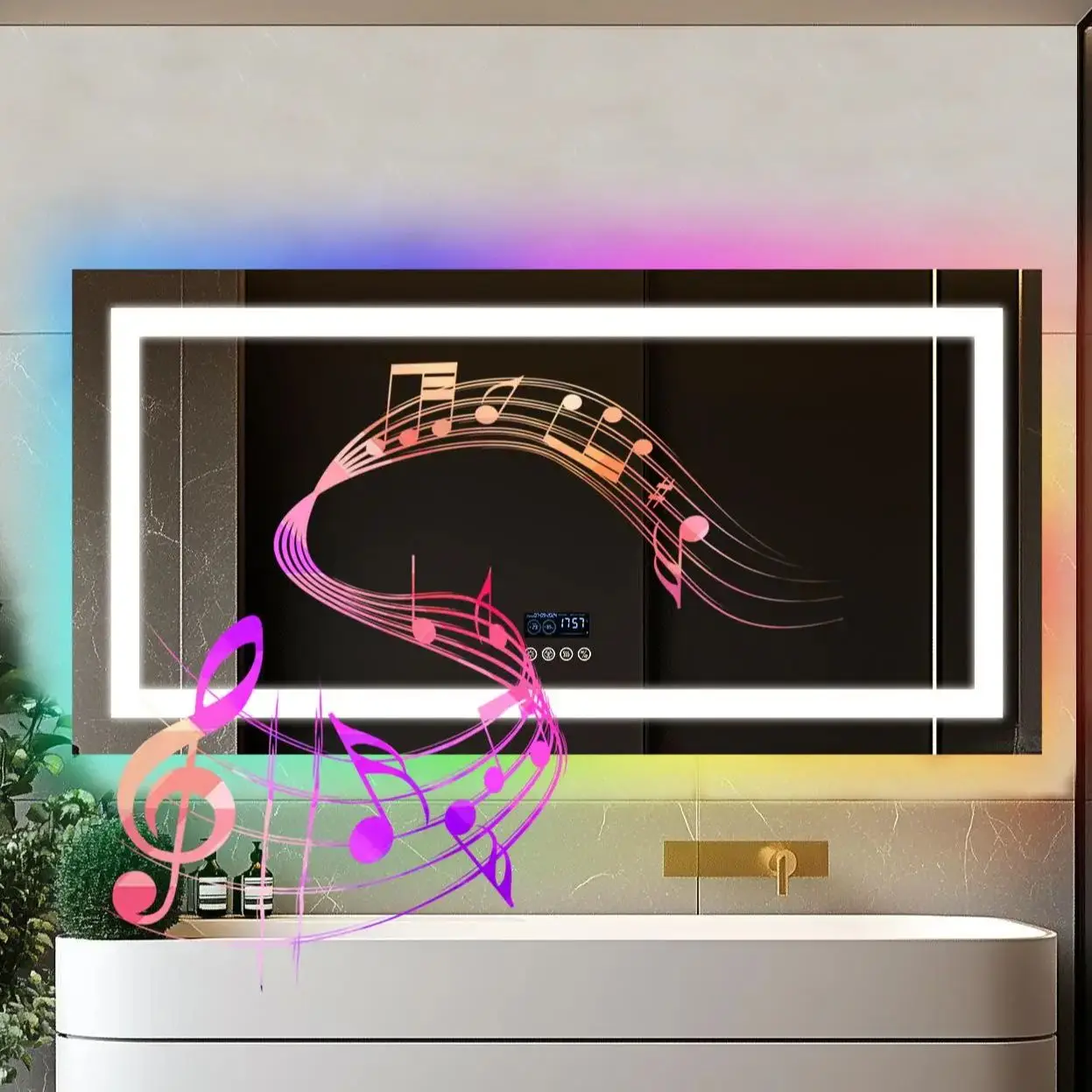 120/140cm rechteckiger LED-Badezimmers piegel mit Front beleuchtung und RGB-Hintergrund beleuchtung Antifog-Kosmetik spiegel mit Bluetooth-Lautsprecher mit Datum und Uhrzeit Image