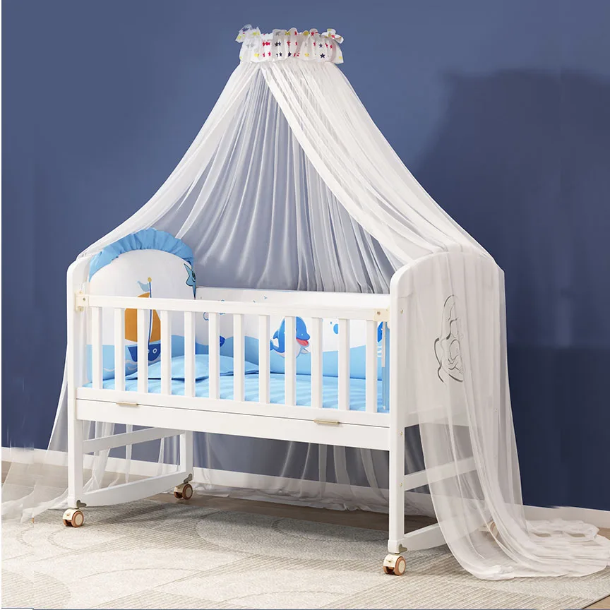 1m weißes Holz Babybett mit Moskito netz, Bettwäsche-Set, Babybett, Bett, Wipp matratze Kinder bett Image