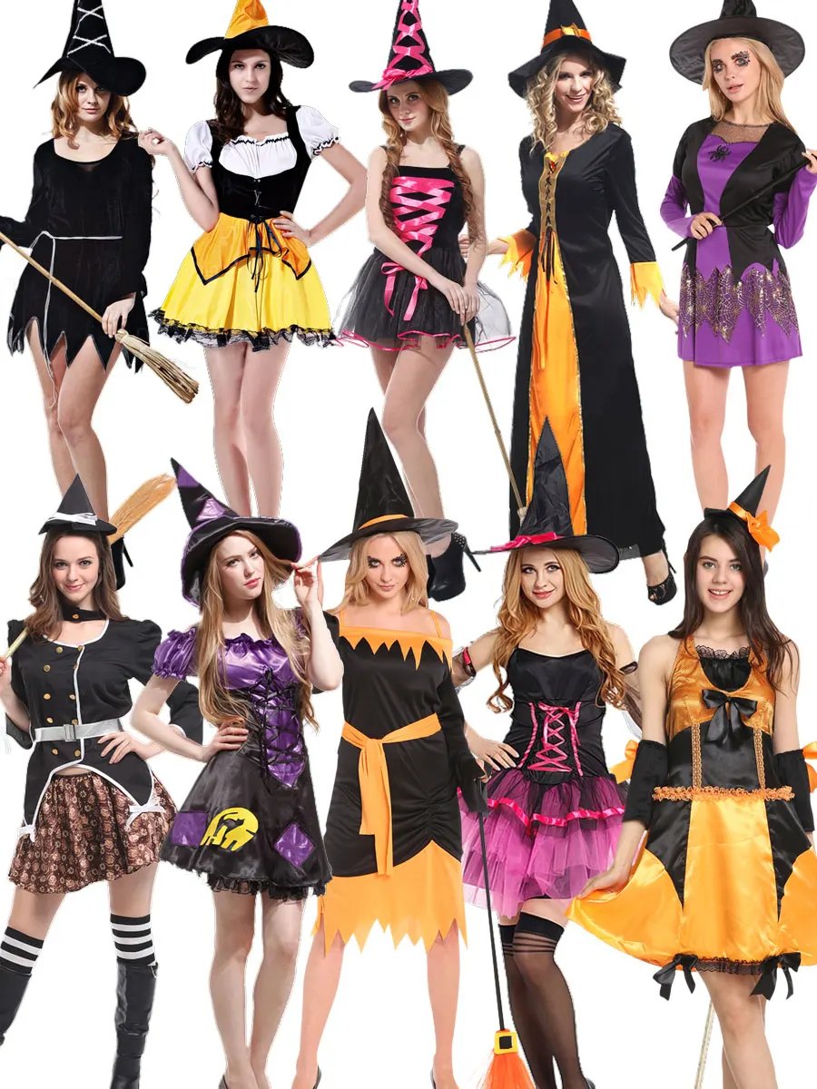 Halloween Hexe Vampir Kleidung mit Hut Kostüme für Frauen Erwachsenen gruseligen Karneval Party Dress Up Performance Drama bringen einen Besen Image