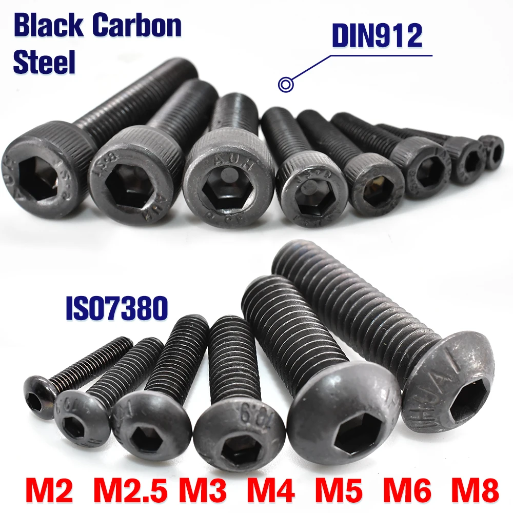 10–250 Stück ISO7380 G10,9 runde Kohlenstoffstahlschraube DIN912 G12,9 Innensechskantschraube mit Innensechskant, mechanische Möbelschrauben M2-M8 Image