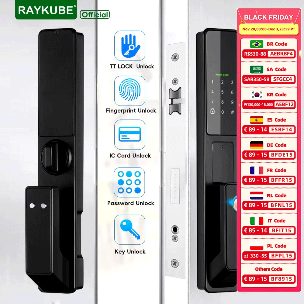 RAYKUBE V1 TT Lock BLE Vollautomatisches, fortschrittliches elektronisches Fingerabdruck-Smart-Türschloss mit TT-Schloss, APP/NFC/IC-Karte/Passwort/Schlüsselentriegelung