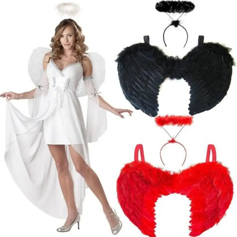 Feder flügel und Halo Set Halloween Kostüm Damen Dark Angel Kostüm Image