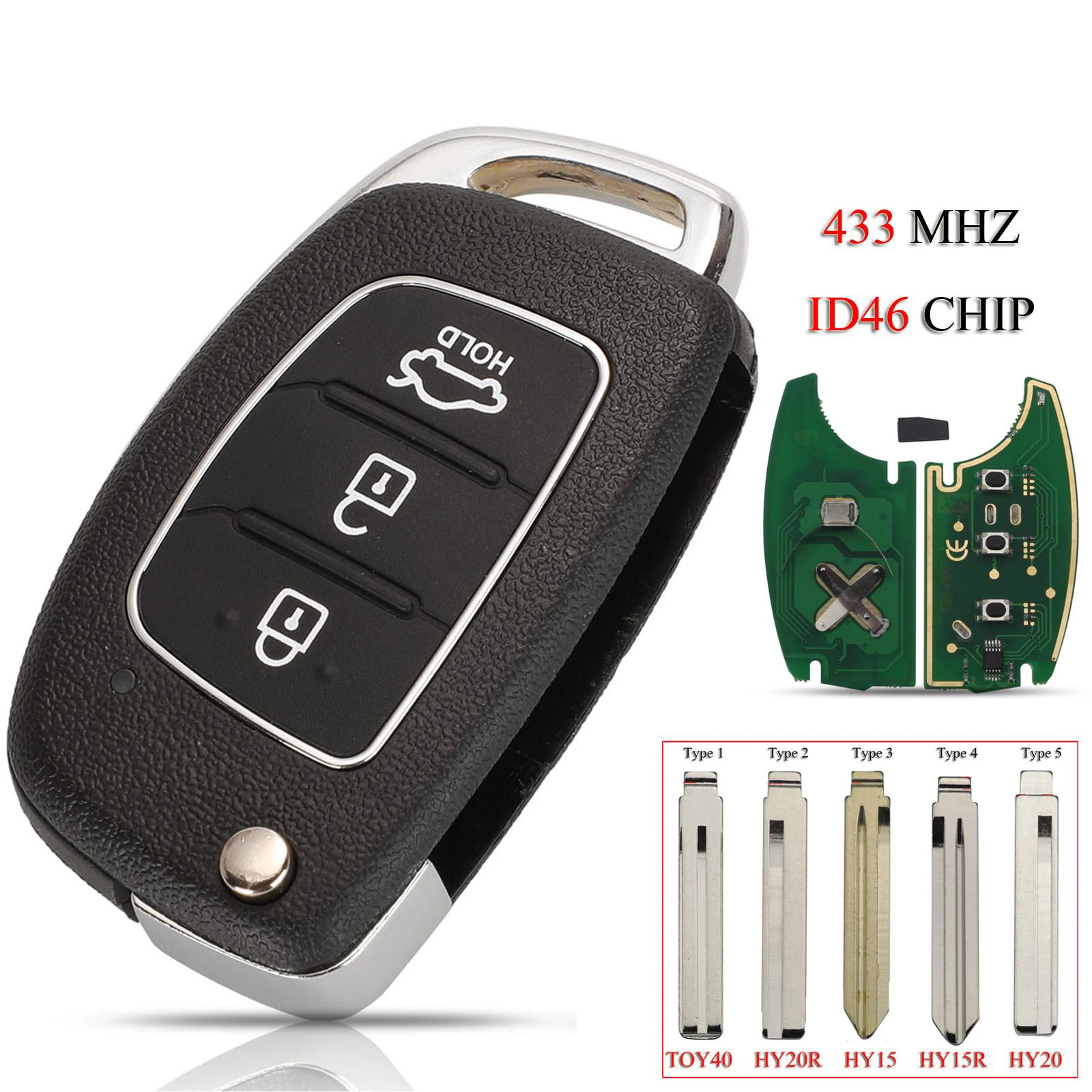 Jingyuqin Remote Smart Car Key für Hyundai ix45 i30 Akzent Elantra Solaris Sonate Tucson Santa Fe 3 Tasten 433MHz ID46 Chip Image