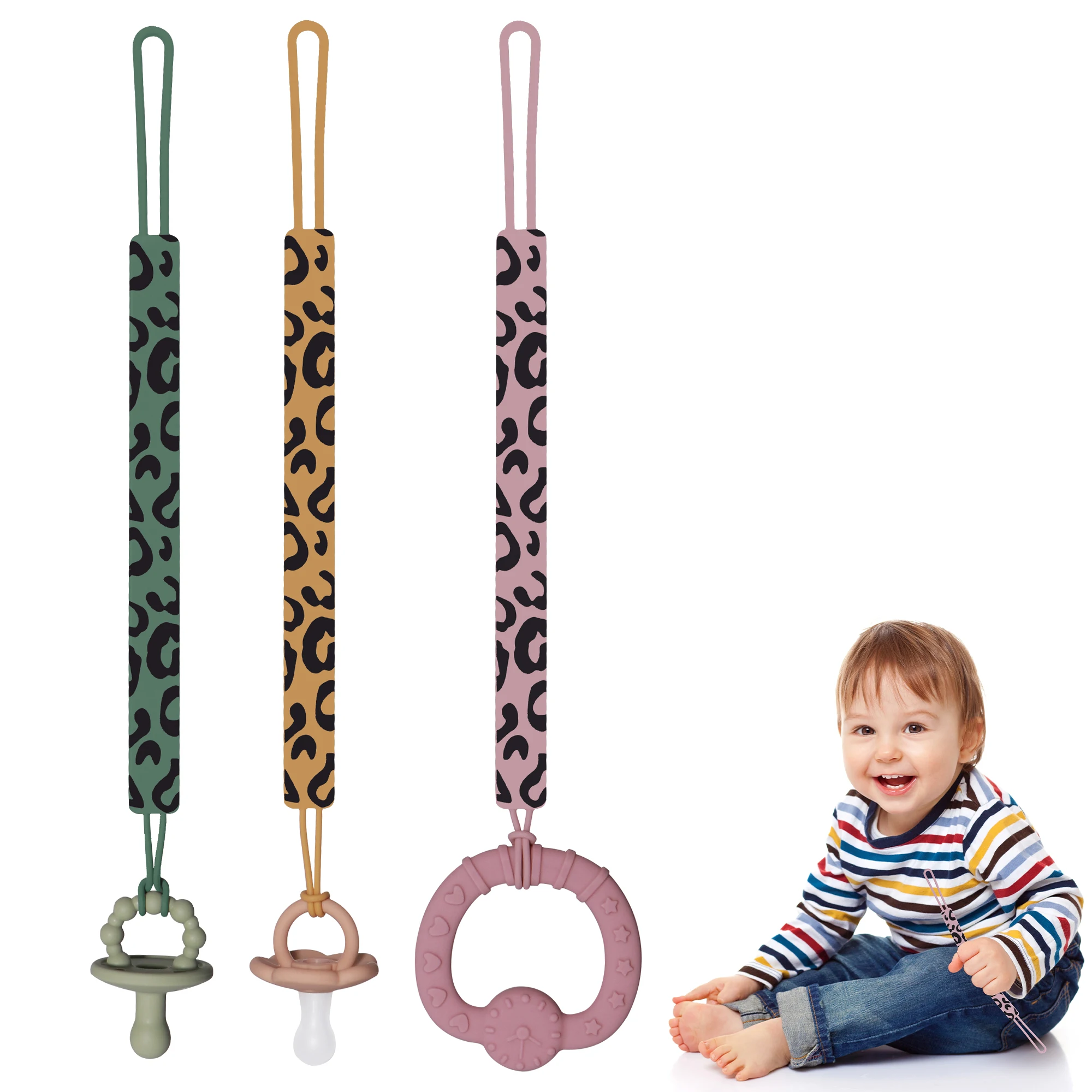 Mode Leoparden muster Silikon Schnuller Clip, weiche flexible strukturierte Schnuller Clip für Jungen und Mädchen, Baby Geschenke Image