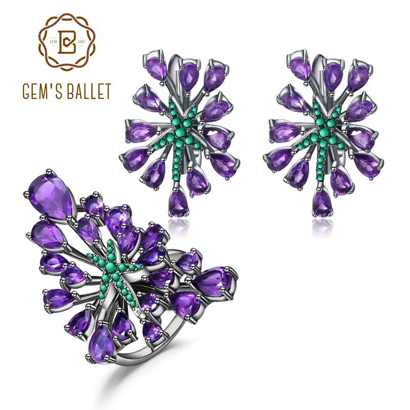 GEM'S BALLETT 925 Sterling Silber Edelstein Ohrringe Ring Set Natürliche Amethyst Vintage Gothic Punk Schmuck Set Für Frauen Schmuck