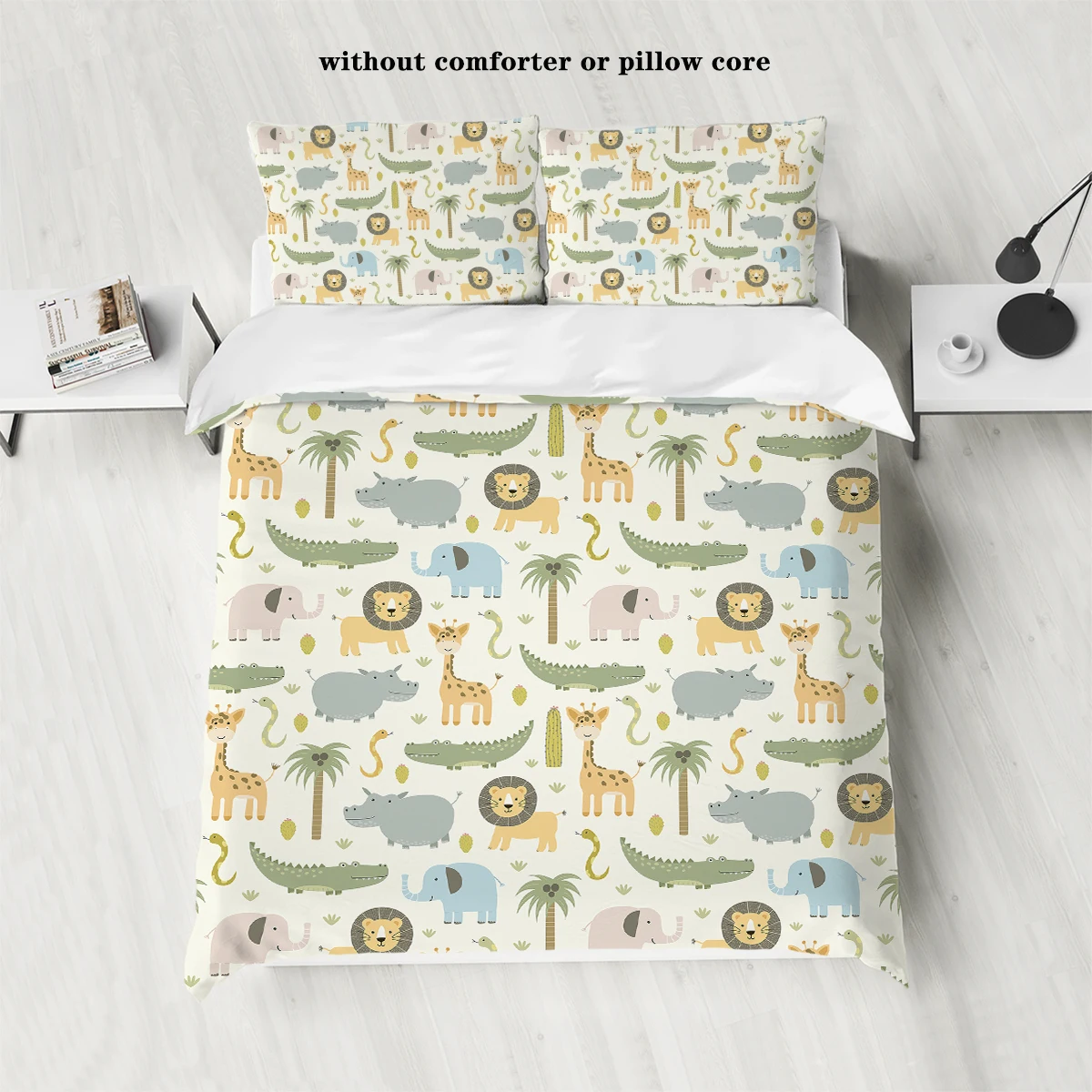 3-teiliges Daunen-Bettbezug-Set mit Cartoon-Dinosaurier-Löwenmuster-Aufdruck (1 Bettbezug + 2 Kissenbezüge, kein Kern), weiches Bettwäsche-Set Image