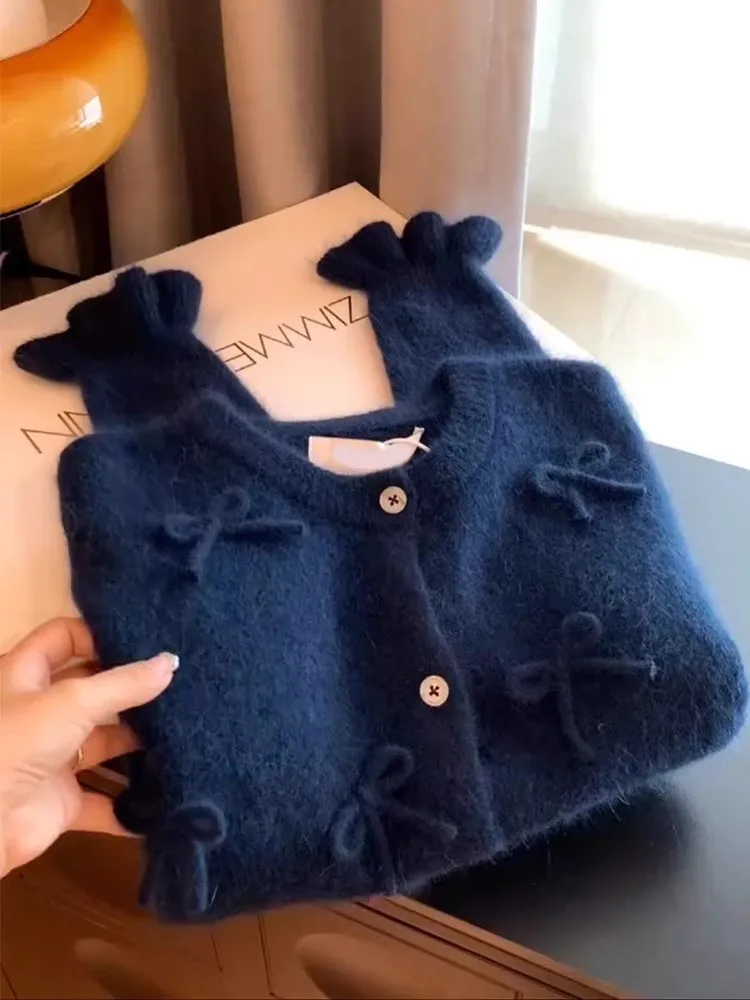 Women's Navy Cardigan Knitted Sweater Harajuku Y2k Long Sleeves O-Neck Cashmere Sweater Jumper Vintage 2000s Aesthetic Clothes