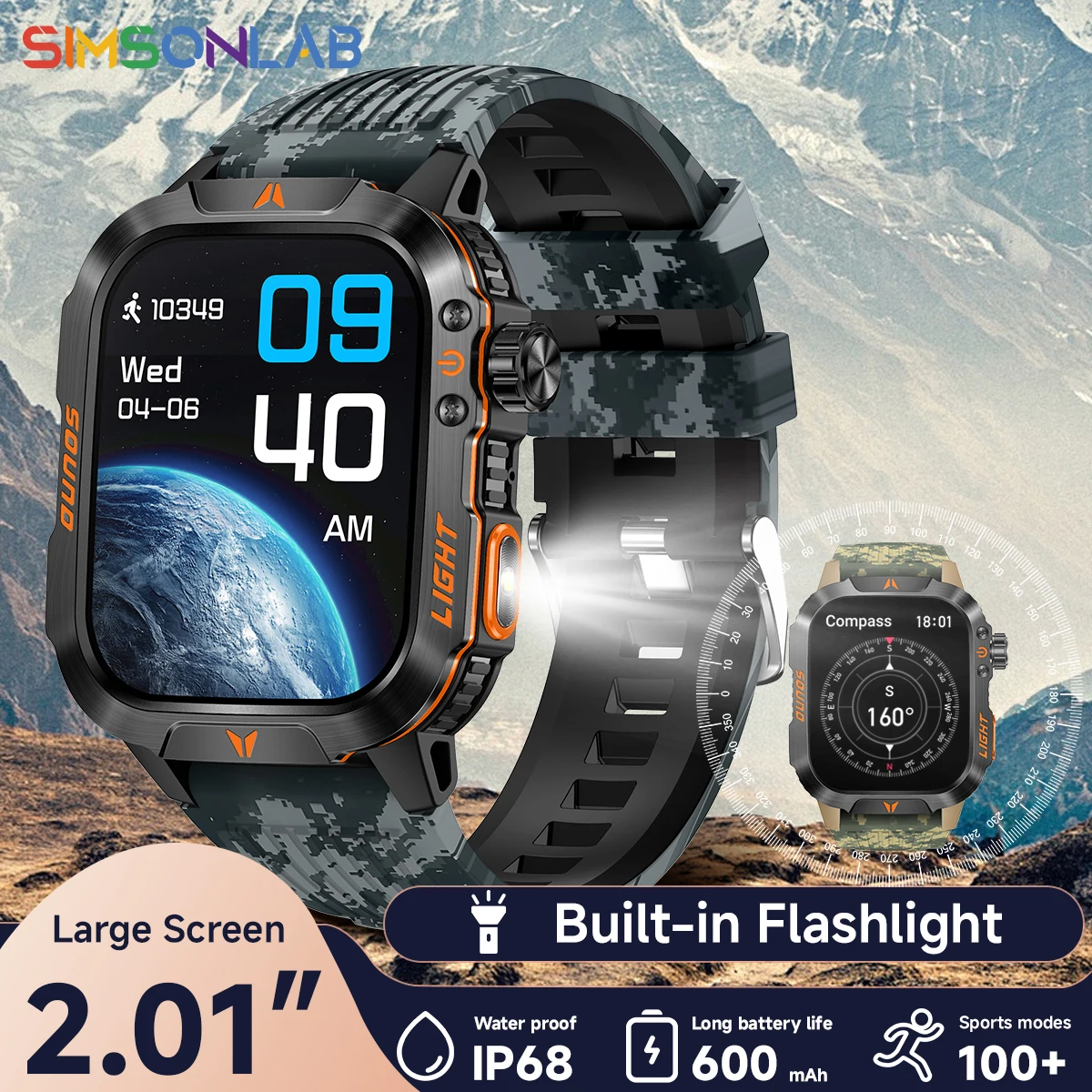 2024 Smart Watch 2.01 Bildschirm Outdoor Taschenlampe Kompass IP68 Wasserdicht Drahtloses Anrufen 600 mAh 100 + Sportmodus Image