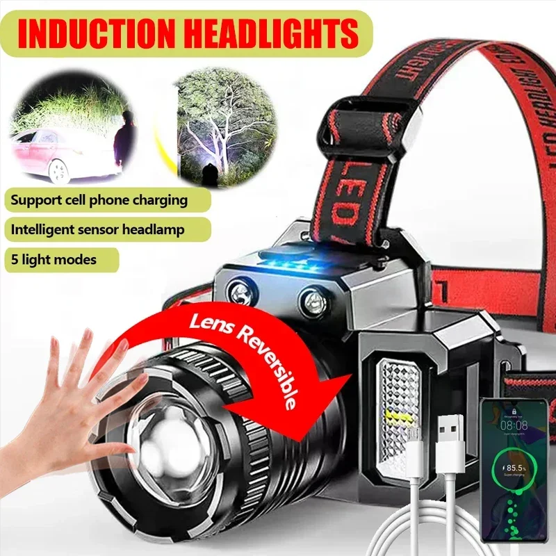 Kdulit leistungs starke LED-Induktion scheinwerfer rotierender Zoom USB wiederauf ladbare Kopf Taschenlampe Outdoor Camping Angeln Scheinwerfer Image