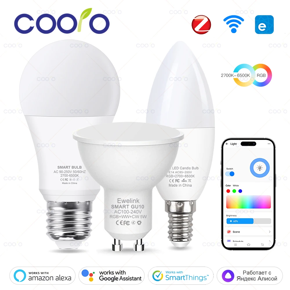 Smart WiFi Zigbee LED Glühbirne Dimmbar E27 E14 GU10 RGBCW 3000-6000K LED Kerze Lampe Für Ewelink APP Alexa Google Hause Yandex