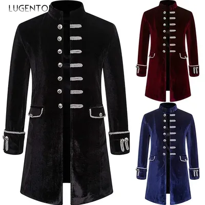 Männer Steampunk Mantel Mode Party mittelalter liche Vintage Samt Uniform Stehkragen Herren Gothic Jacke einreihigen festen Graben Image