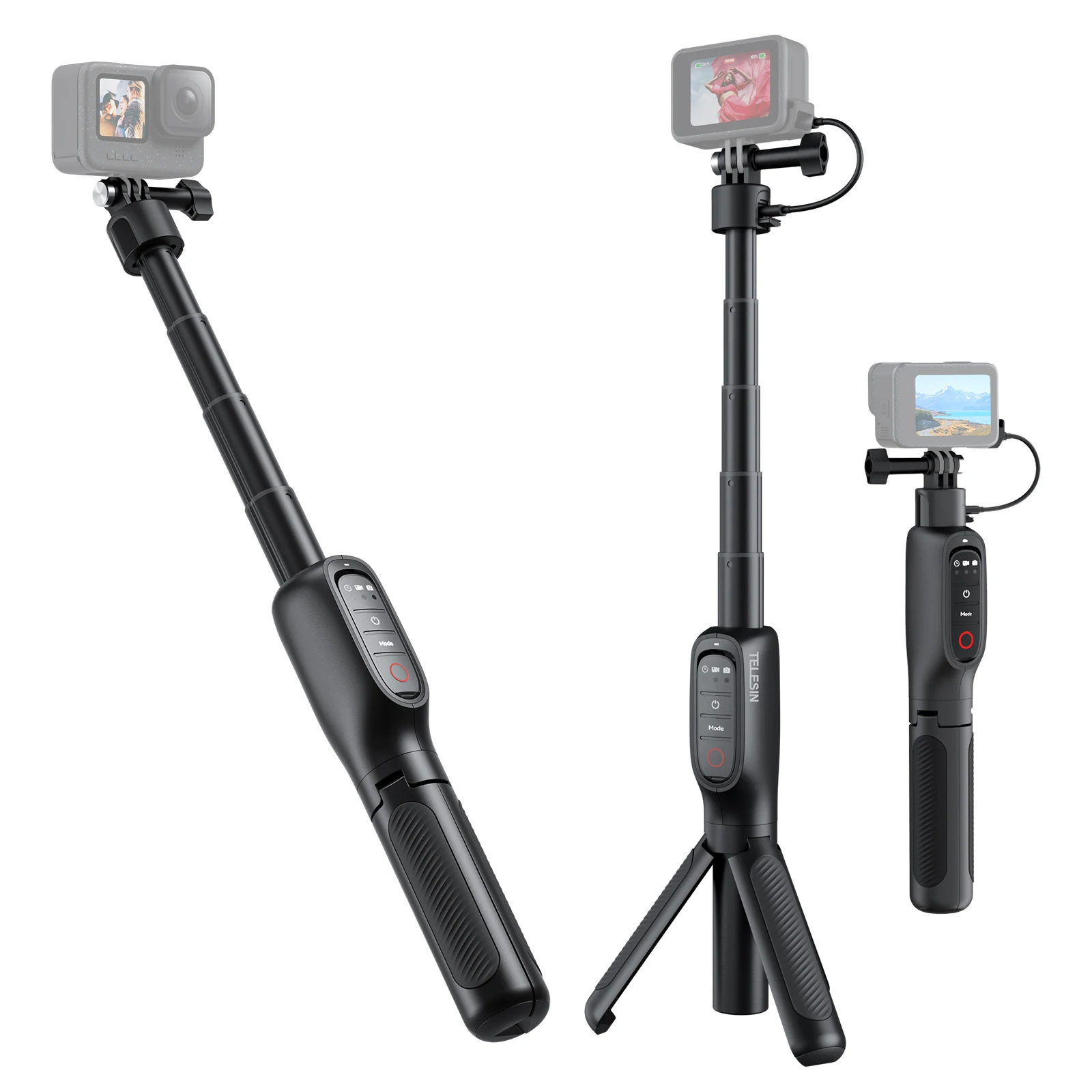 Wiederauf ladbarer Selfie-Stick-Stativ ständer mit ausziehbarem Batterie griff für Gopro Hero 12/11/10/9/max Image
