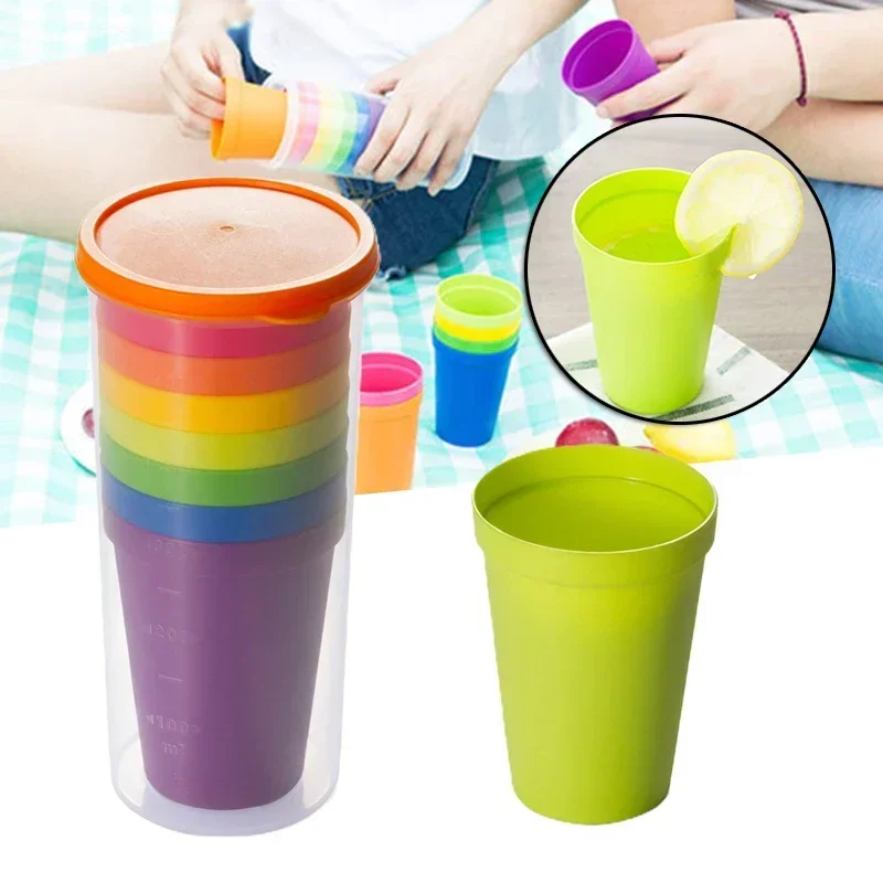 7 stücke Regenbogen Kunststoff Tassen Set Wiederverwendbare Wasser Becher Picknick Reise Trendy Lustige Tragbare Regenbogen Anzug Tasse Party Kinder Trinken tasse Image