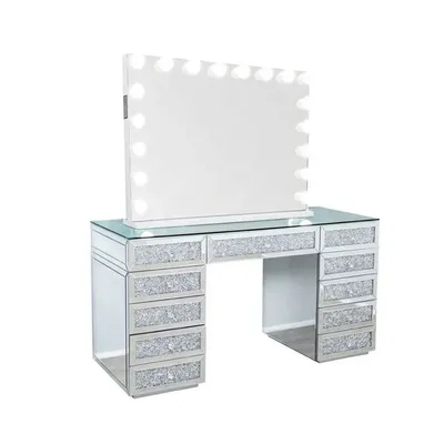 Sparkling Diamond Shredded Bedroom Furniture Girl Glass Top Dresser with Light Mirror