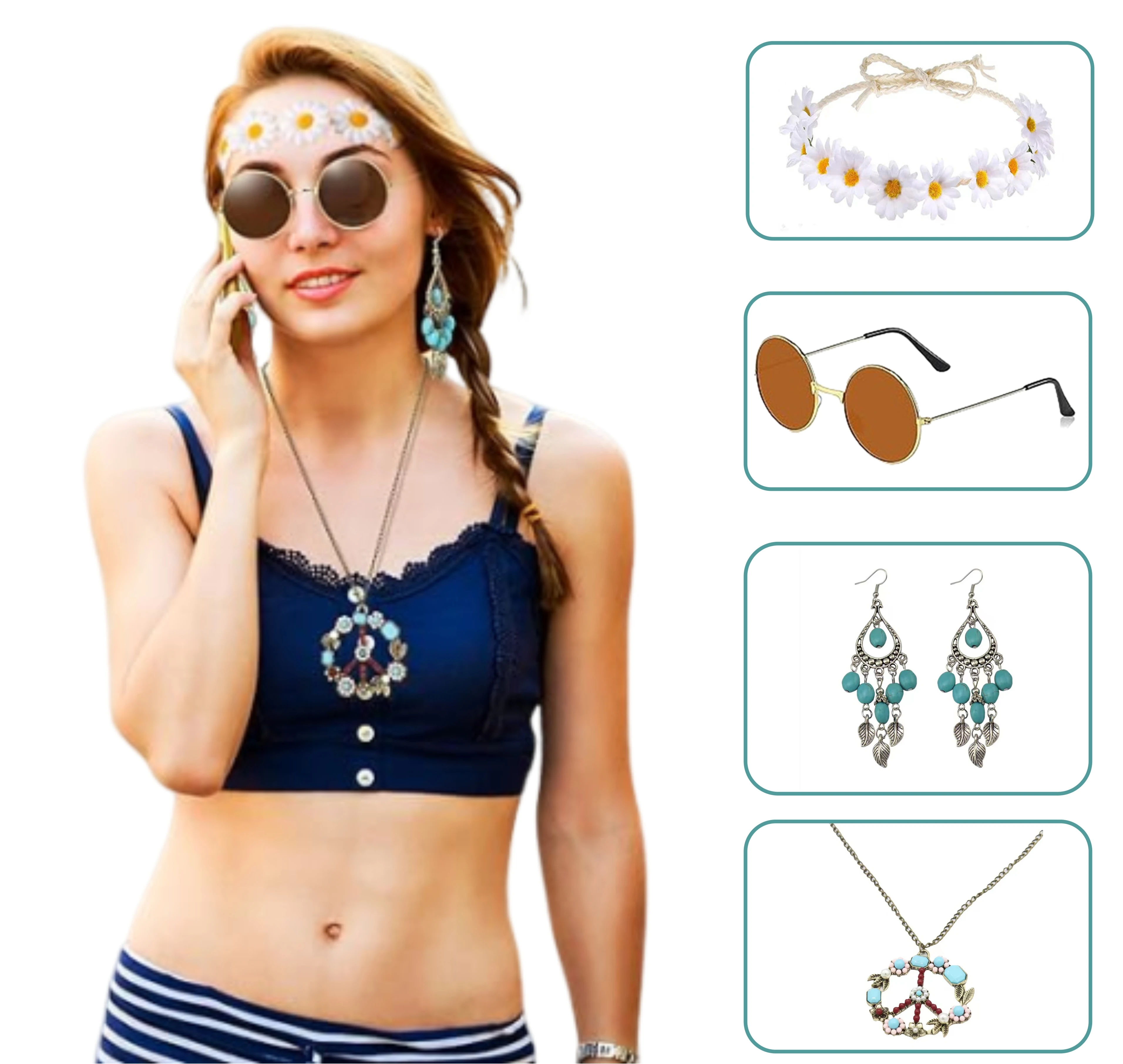 60er 70er Jahre Hippie Kostüm Accessoires Frauen Friedens zeichen Halskette Sonnenbrille Kranz Ohrring (türkis farbenen Stil) 4 Stück Anzug Party Supplie