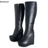Ronticool Neue Frauen Winter Knie Stiefel Unisex Faux Leder Keile Ferse Runde Kappe Klassische Schwarz Cosplay Schuhe Plus UNS Größe 5-20