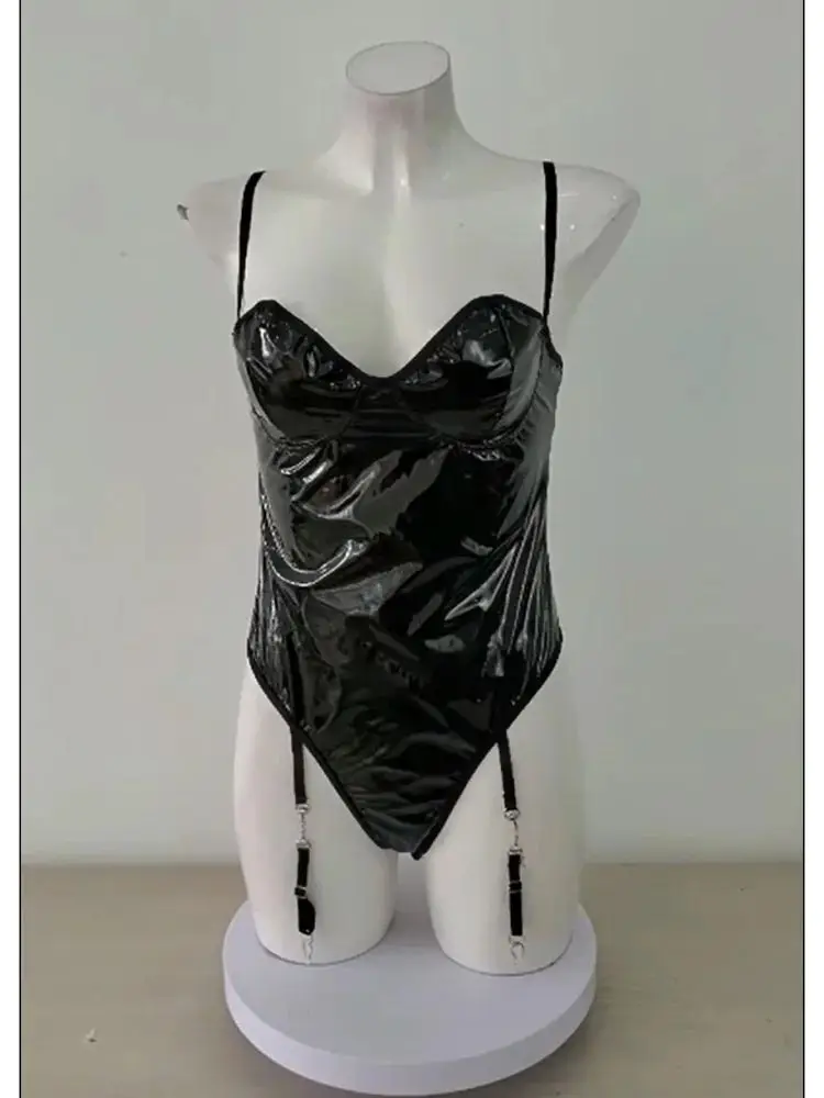 S-XXL Spaghetti Stap geformte Brust nass aussehen PVC Catsuit Badeanzug glänzende Pu Leder Bodysuit enge sexy Clubwear Body Belt Teddys Image