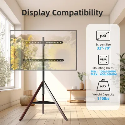 Stativ-TV-Ständer mit Halterung, Staffelei-TV-Ständer für 32-70-Zoll-Fernseher, höhenverstellbar und 180 ° Halterung für TV-Bodenständer mit drehbarer Eckfunktion
