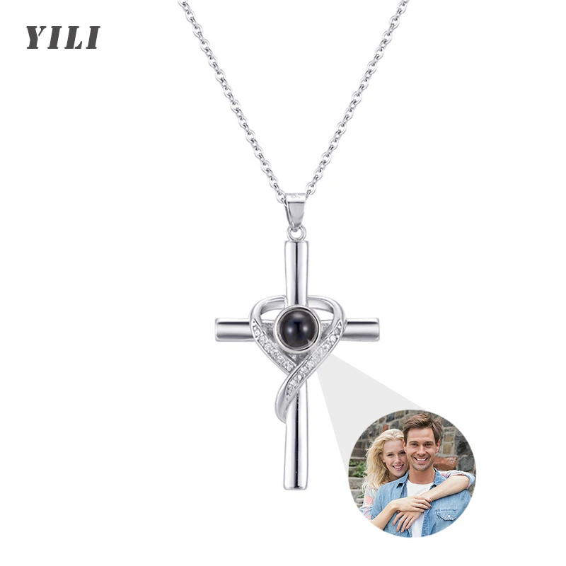 Projektions-Halskette mit Personalisiertem Foto & Text, Individuelles Foto-Kreuz-Anhänger, Erinnerungsschmuck für Frauen Image