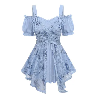ROSEGAL Plus Size Kalte Schulter Spitze Overlay Crossover Layered Top Frauen 2025, Sommer Hellblau Puffärmel T-Shirts Kostüm