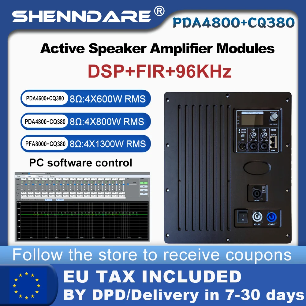 SenMicre PDA4800+CQ380 Professioneller digitaler Leistungsverstärker 4x800W 4 Kanäle mit DSP 96KHz 2 Eingänge 4 Ausgänge Aktives Lautsprecherverstärkermodul Subwoofer-Verstärkerplatine Image