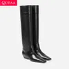 Qutaa mode frauen kniehohe stiefel news echtes leder mittel absatz quadratische zehe lange stiefel winter frau schuhe schwarz größe 34-43