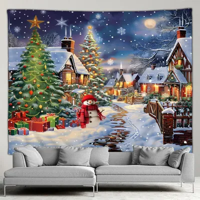 Winter Christmas Tapestry Town Street Xmas Tree Gifts Snowman Night Snow Landscape Wall Hanging Home