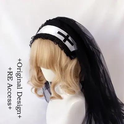 Gothic Lolita schwarze Spitze Schleier Kopf bedeckung Nonne Cosplay Kostüm Zubehör Frauen Mädchen Image