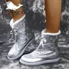 LazySeal Neue Warme Winter Schnee Stiefel Schuhe Frauen Silber Pelzigen Spitze Up Transparent Gelee Schuhe Plüsch Stiefeletten Große Größe 43