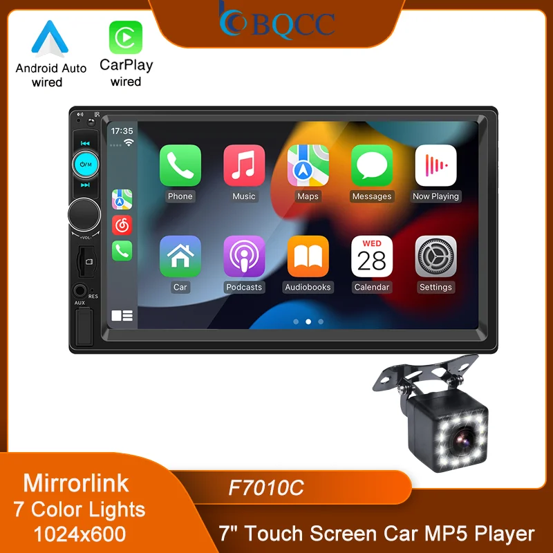 BQCC 7 "2 Din/1 Din MP5 Auto Player Mirrorlink FM Auto Radio Bunte lichter Wired Android AUTO/CarPlay Auto Stereo F7010C Image
