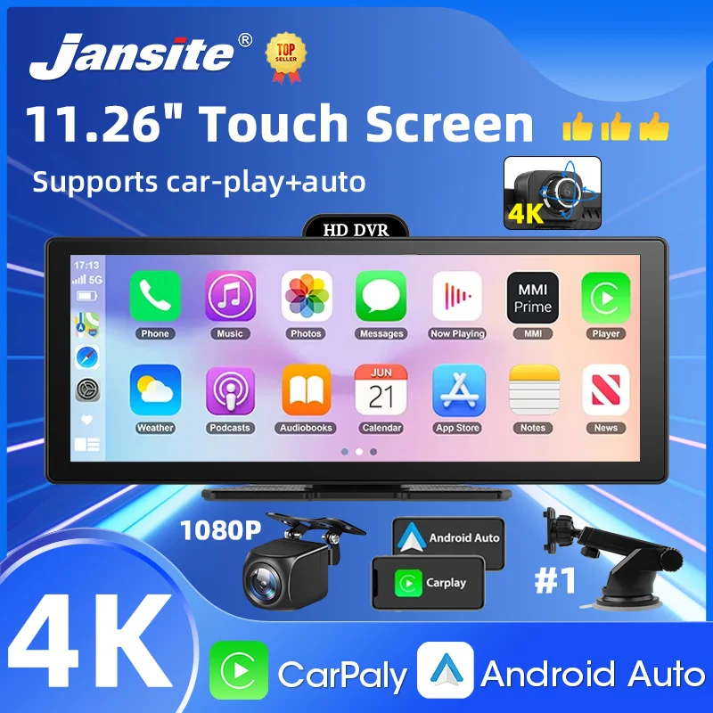 10/11,26 Zoll 4K DVR Wireless CarPlay & Android Auto Dash Cam Bluetooth Audio GPS Navigation Dashboard Dual Objektiv Video Recorder Image