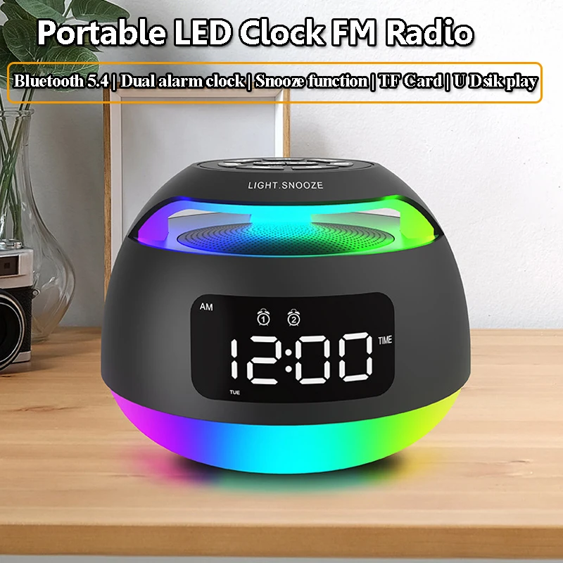 Tragbare LED-Uhr, FM-Radio, RGB, buntes Licht, Radios, Empfänger, kabelloser Bluetooth-Lautsprecher mit Dual-Wecker, unterstützt TF USB Image