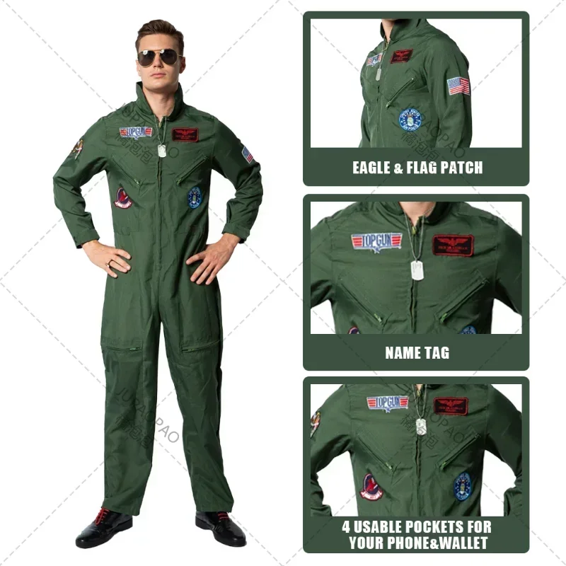 Top Gun Film Cosplay amerikanische Luftwaffe Uniform Halloween Kostüme für Männer Erwachsene Armee grün Pilot Overall Astronaut Image