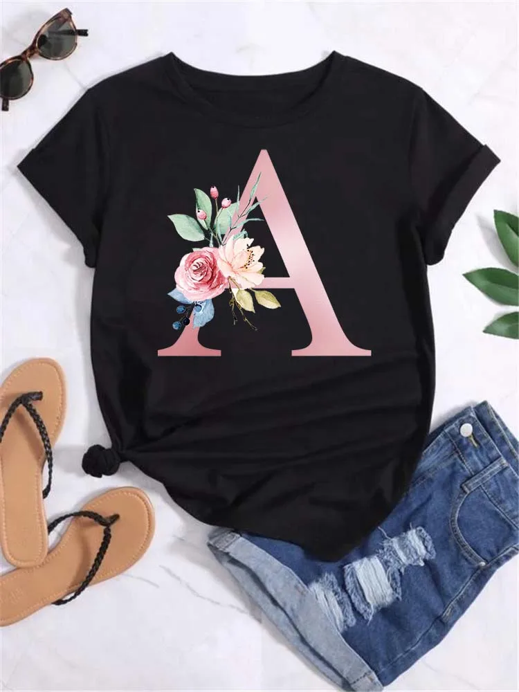 Maycaur benutzer definierte Name Buchstaben Kombination Mode Frauen T-Shirt rosa Blume Brief Schriftart A-Z Kurzarm Tops schwarz T-Shirt weiblich