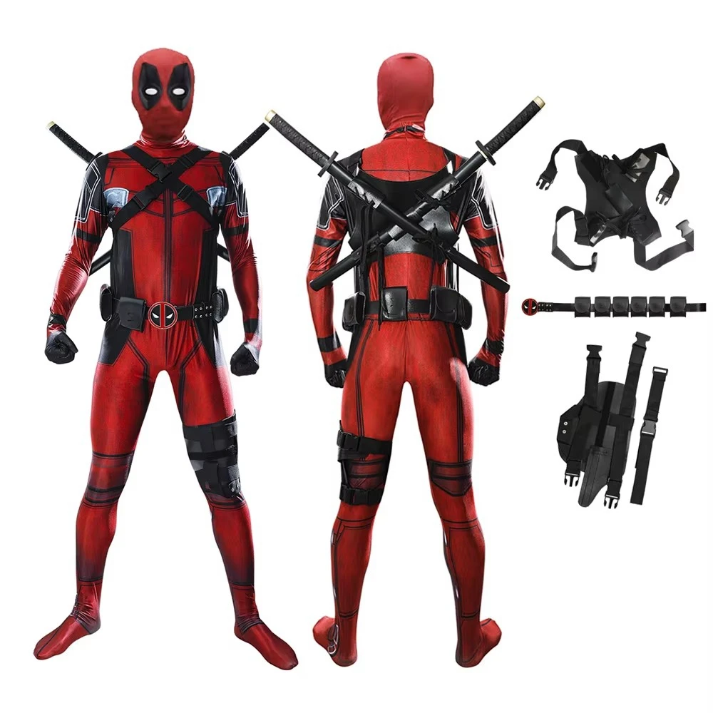 MINISO Deadpool Cosplay Kostüm Erwachsene Männer Superheld Body Overall mit Maske Zubehör Halloween Karneval Kleidung Outfits Image