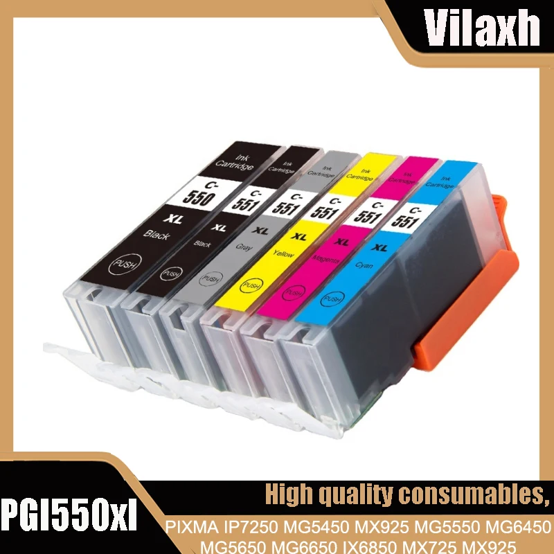Vilaxh PGI550 CLI551 PGI 550 CLI 551 Tintenpatronen für Canon Pixma MG 5450 5550 6350 6450 7150 8750 IP 7250 MX 925 725 Image